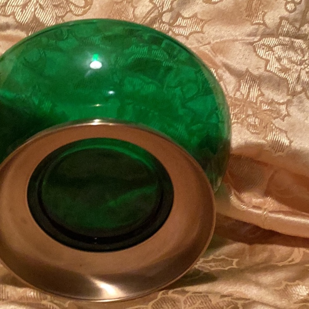 ⚜️ EMERALD GREEN GLASS  w/ Etched STARS GOLD PEDESTAL BASE EVC SERVICE BOWL VTG - Picture 5 of 16